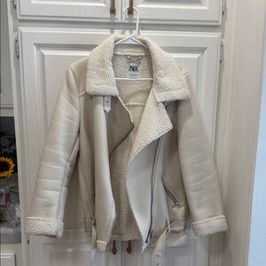 Zara Cream Teddy Biker Coat